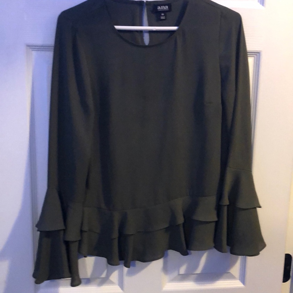 Dark Green Dress top with ruffle sleeves and ruffles at the bottom